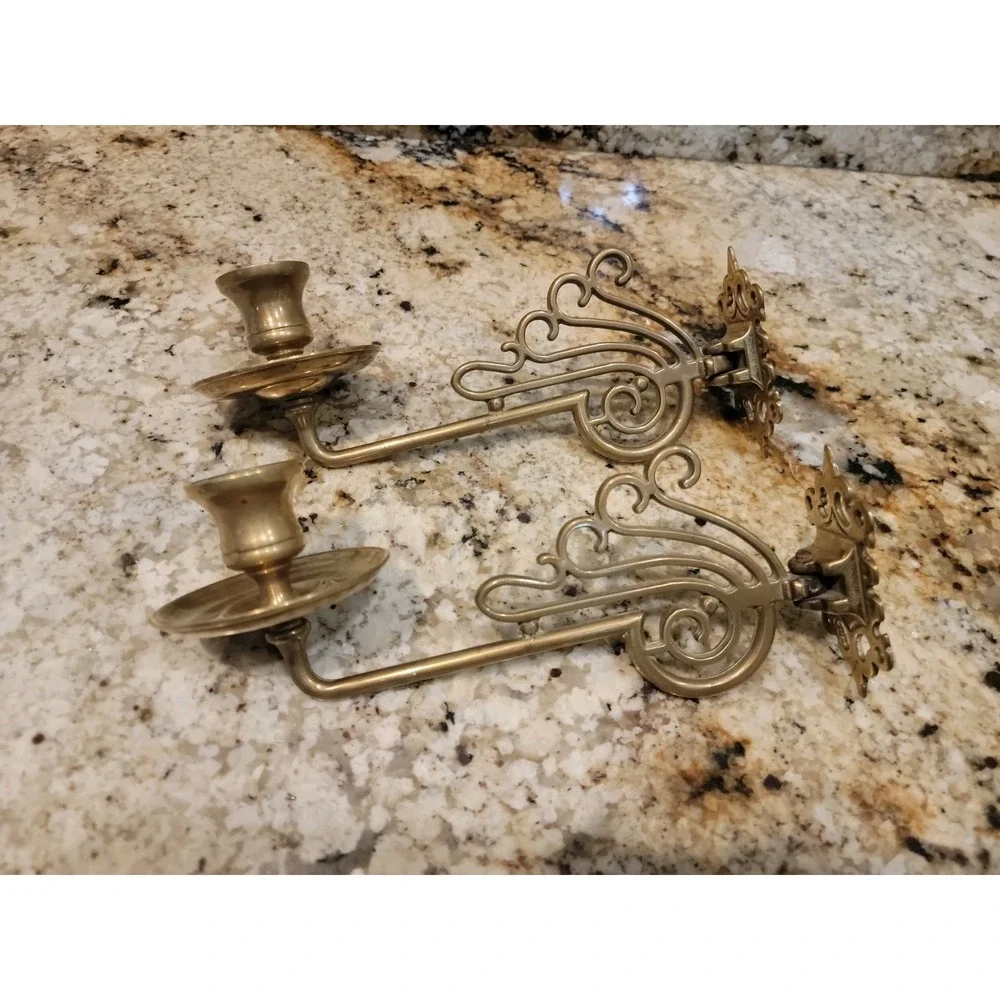 Antique Art Nouveau French Piano Candlestick Sconces Swing Arms Brass Set of 2